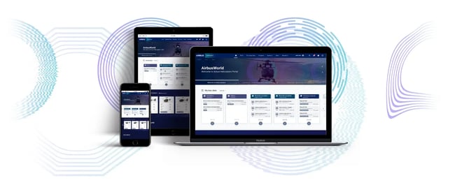 screenshot shows the personalized customer portal for airbus helicopter customers. the image shows the personalized customer service app operating on multiple devices.